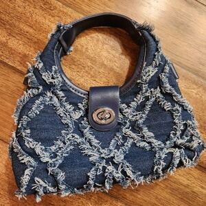 Distressed Denim Mini Hobo Bag Blue Frayed‎ Quilted Turn Lock Y2K Style